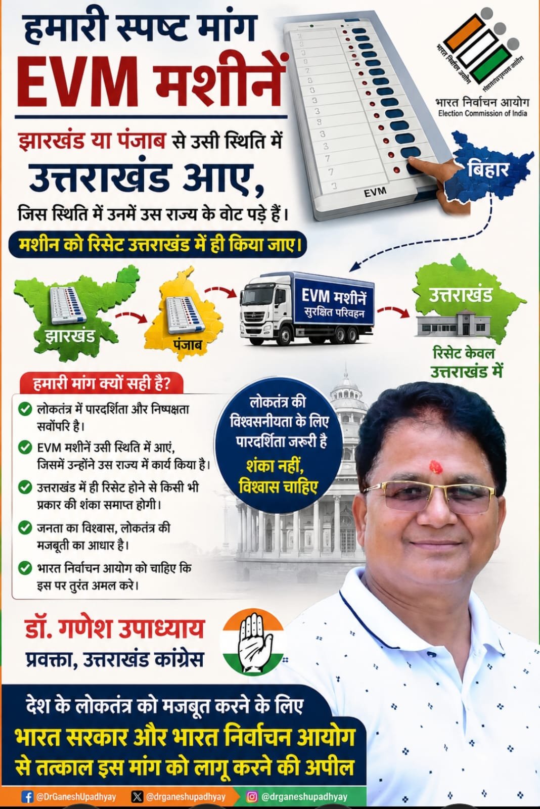 *गणेश उपाध्याय का आयोग से आग्रह, पारदर्शिता के लिए उत्तराखंड मे दूसरे राज्यों से लाई जाएं ईवीएम*